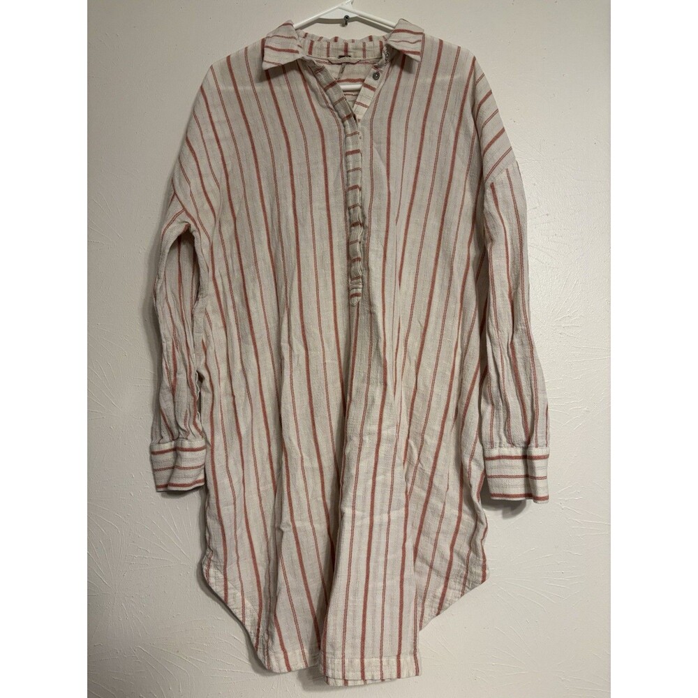 Free People Medium Pencil Stripe Night Shirt Gown Cotton Cottage Minimal Lagen